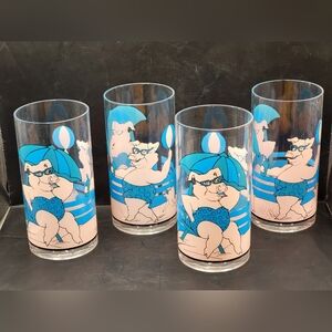 Vintage Set Of 4 Pig Beach Tumbler Glasses Precisioncraft Canada Plastic